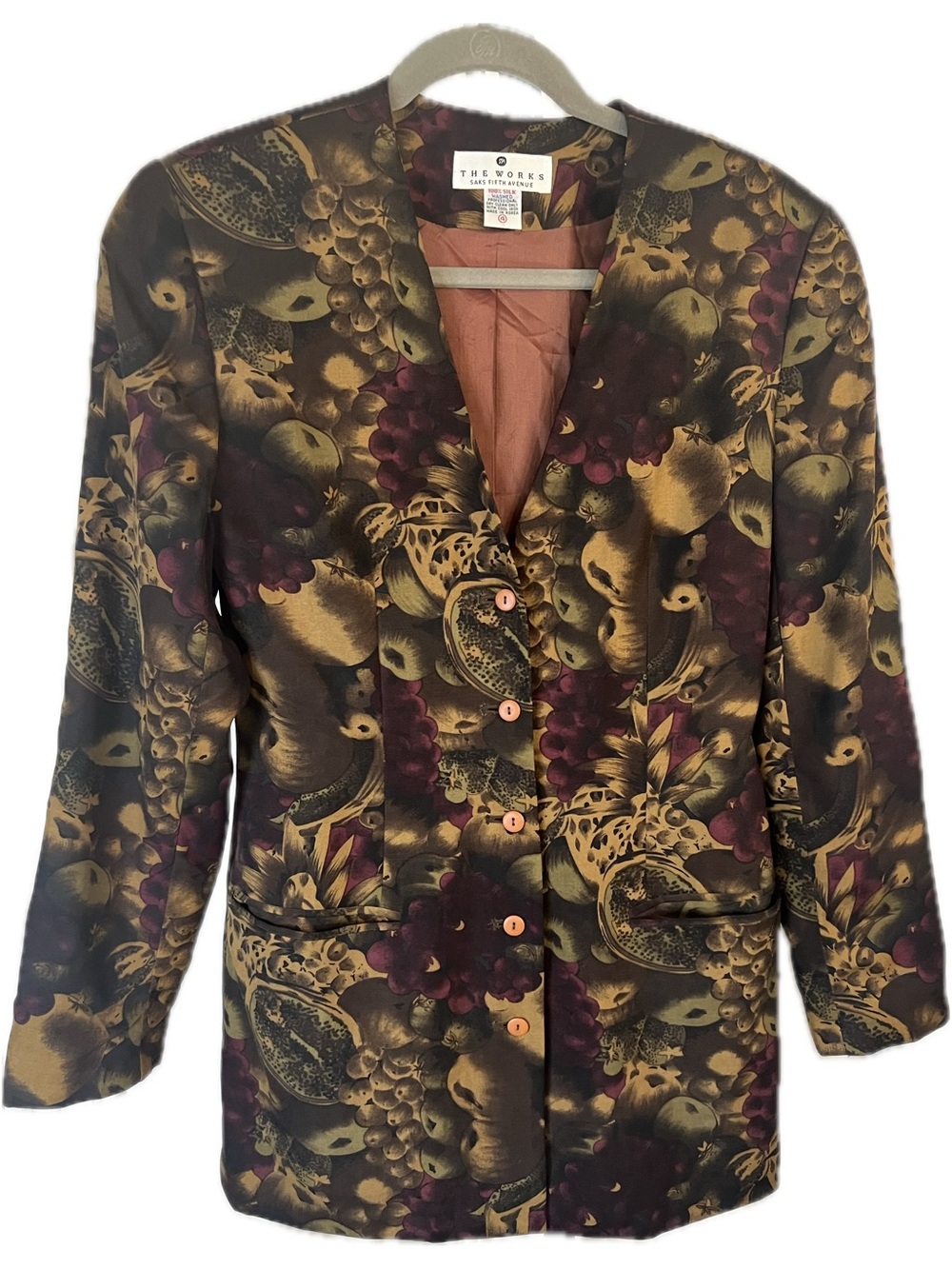 Vintage 90s Silk Saks Fifth Avenue Career Brown & Burgundy Fruit-Print Blazer